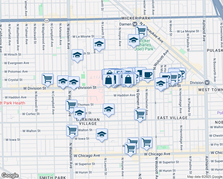 map of restaurants, bars, coffee shops, grocery stores, and more near 2132 West Haddon Avenue in Chicago