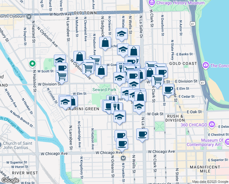 map of restaurants, bars, coffee shops, grocery stores, and more near 307 West Elm Street in Chicago