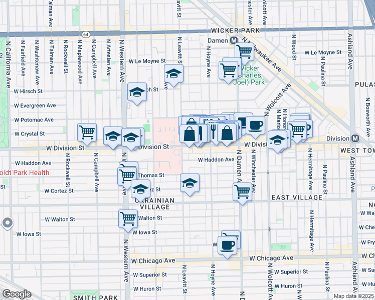 map of restaurants, bars, coffee shops, grocery stores, and more near 2132 West Haddon Avenue in Chicago