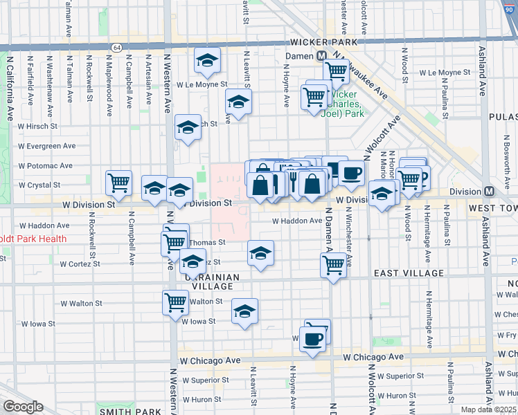 map of restaurants, bars, coffee shops, grocery stores, and more near 2132 West Haddon Avenue in Chicago