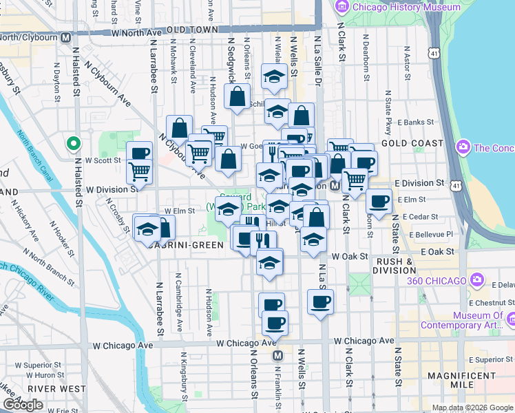 map of restaurants, bars, coffee shops, grocery stores, and more near 304 West Elm Street in Chicago
