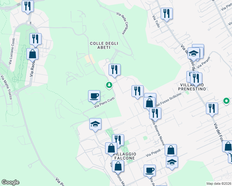 map of restaurants, bars, coffee shops, grocery stores, and more near 100 Via Piero Corti in Città metropolitana di Roma Capitale