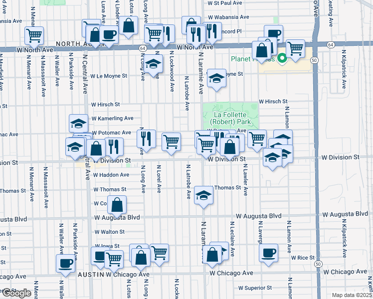map of restaurants, bars, coffee shops, grocery stores, and more near 5240 West Division Street in Chicago