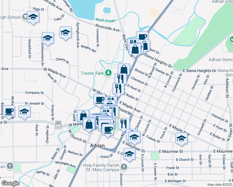 map of restaurants, bars, coffee shops, grocery stores, and more near 425 North Main Street in Adrian