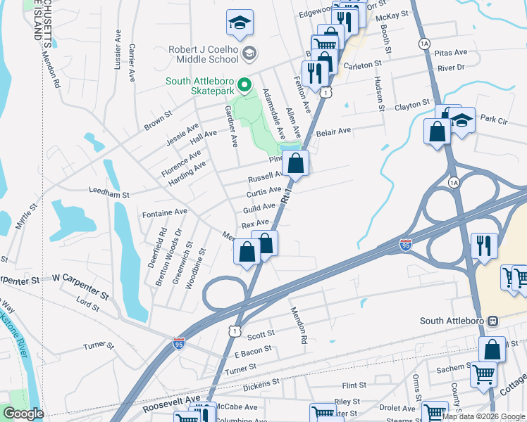 map of restaurants, bars, coffee shops, grocery stores, and more near 20 Rex Avenue in Attleboro