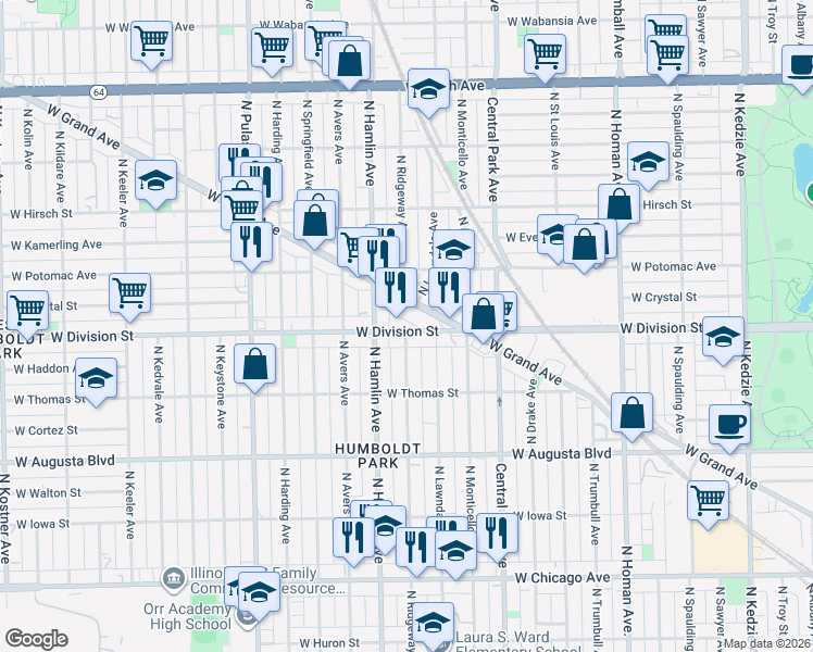 map of restaurants, bars, coffee shops, grocery stores, and more near 3725 West Division Street in Chicago