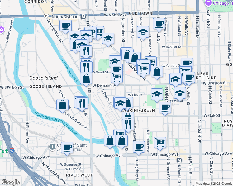 map of restaurants, bars, coffee shops, grocery stores, and more near 645 West Elm Street in Chicago