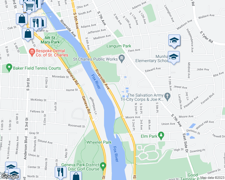 map of restaurants, bars, coffee shops, grocery stores, and more near 1522 Riverside Avenue in St. Charles