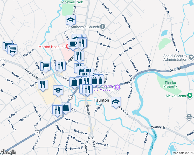 map of restaurants, bars, coffee shops, grocery stores, and more near 16 Trescott Street in Taunton