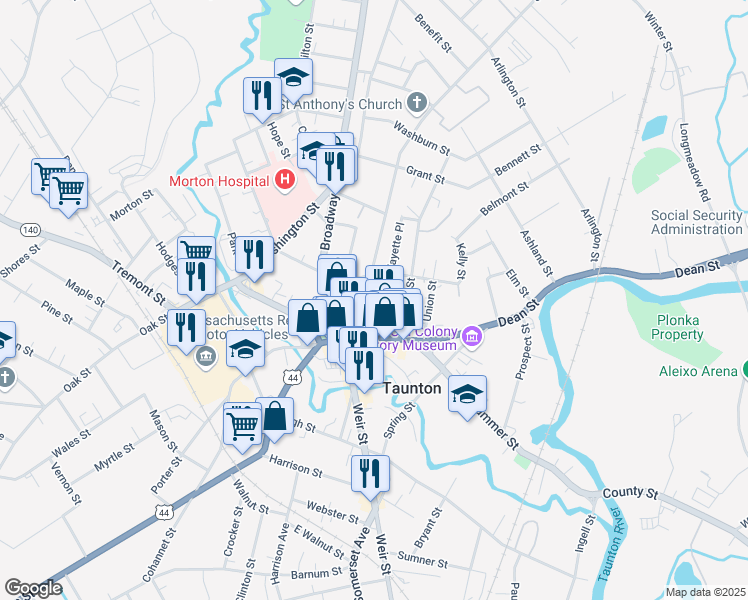 map of restaurants, bars, coffee shops, grocery stores, and more near 16 Trescott Street in Taunton