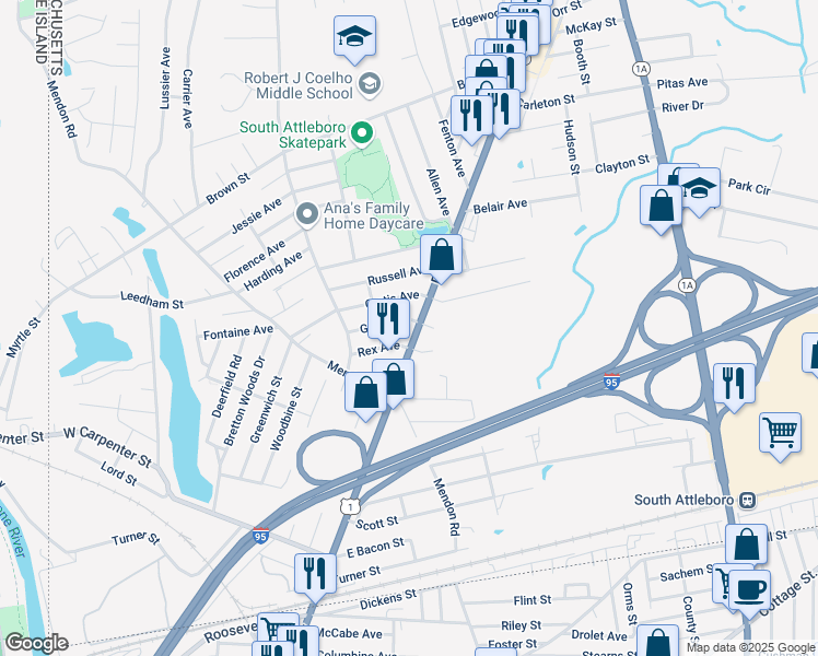 map of restaurants, bars, coffee shops, grocery stores, and more near 892 Washington Street in Attleboro