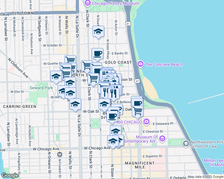 map of restaurants, bars, coffee shops, grocery stores, and more near 1031 North State Street in Chicago