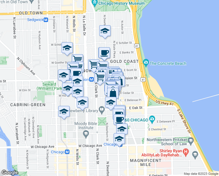 map of restaurants, bars, coffee shops, grocery stores, and more near 24 West Maple Street in Chicago