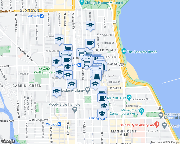 map of restaurants, bars, coffee shops, grocery stores, and more near 24 West Maple Street in Chicago