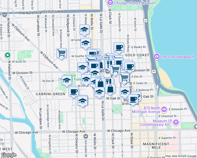 map of restaurants, bars, coffee shops, grocery stores, and more near in Chicago