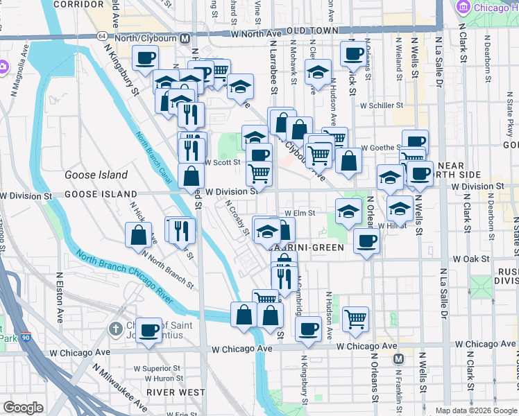 map of restaurants, bars, coffee shops, grocery stores, and more near 645 West Elm Street in Chicago