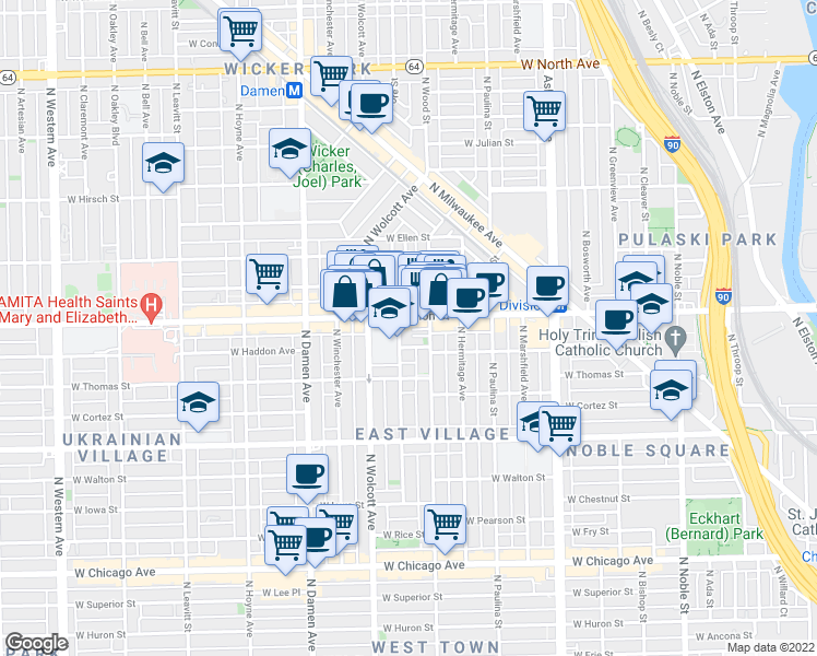 map of restaurants, bars, coffee shops, grocery stores, and more near 1824 West Haddon Avenue in Chicago