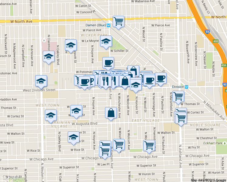map of restaurants, bars, coffee shops, grocery stores, and more near 1138 North Winchester Avenue in Chicago