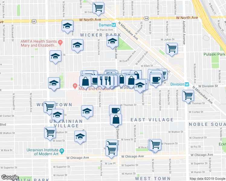map of restaurants, bars, coffee shops, grocery stores, and more near in Chicago