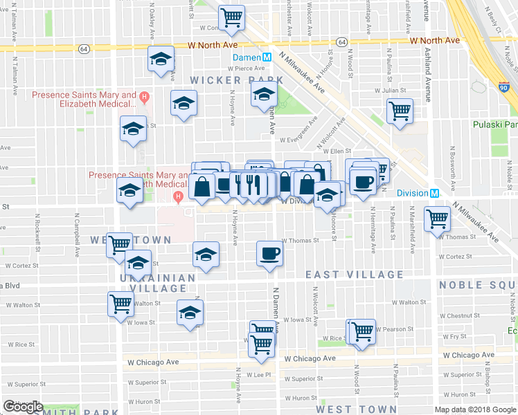 map of restaurants, bars, coffee shops, grocery stores, and more near in Chicago