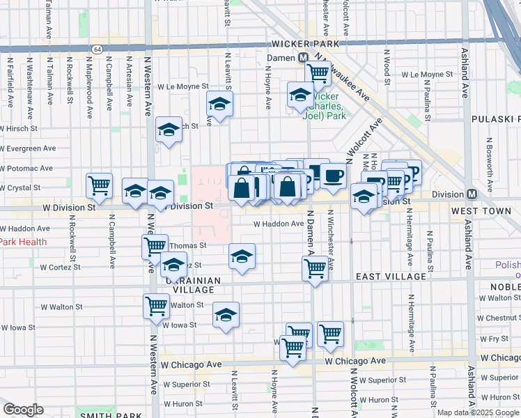 map of restaurants, bars, coffee shops, grocery stores, and more near 2113 West Division Street in Chicago