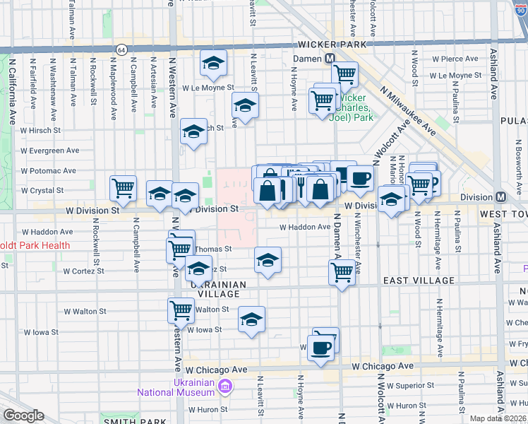 map of restaurants, bars, coffee shops, grocery stores, and more near 2132 West Haddon Avenue in Chicago