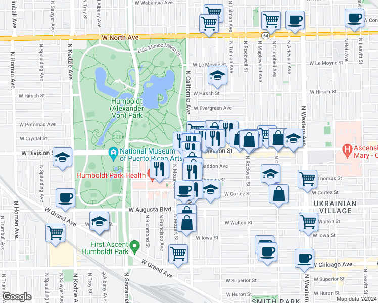 map of restaurants, bars, coffee shops, grocery stores, and more near in Chicago