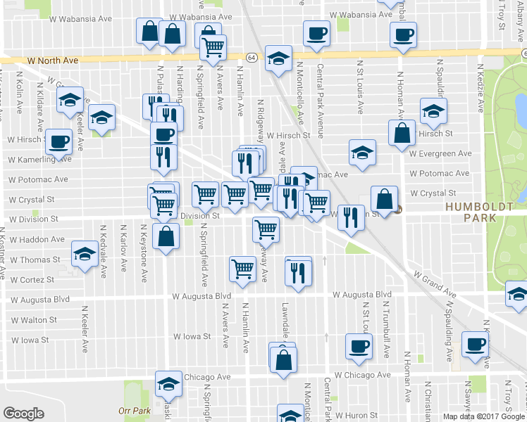 map of restaurants, bars, coffee shops, grocery stores, and more near 3725 West Division Street in Chicago