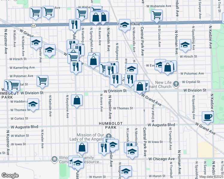 map of restaurants, bars, coffee shops, grocery stores, and more near 1188 North Hamlin Avenue in Chicago