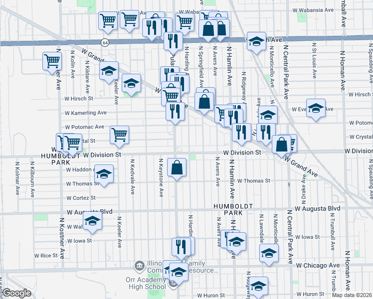 map of restaurants, bars, coffee shops, grocery stores, and more near in Chicago