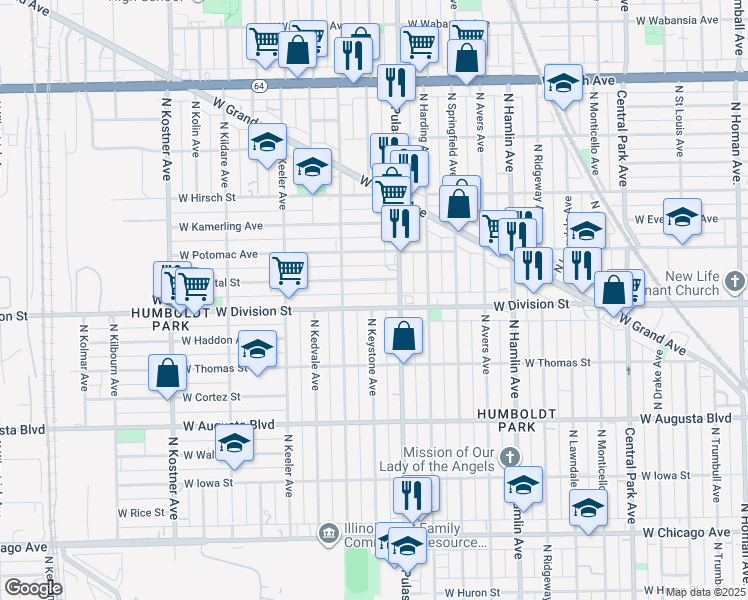 map of restaurants, bars, coffee shops, grocery stores, and more near 1157 North Keystone Avenue in Chicago