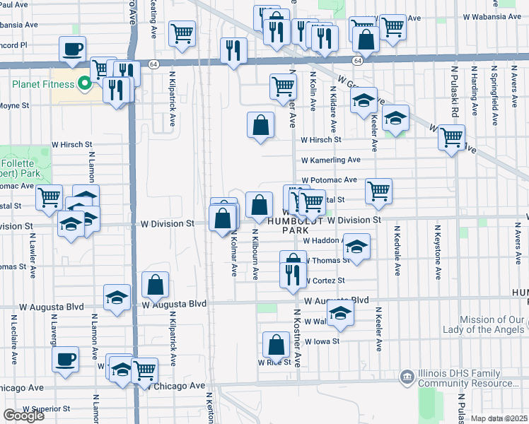 map of restaurants, bars, coffee shops, grocery stores, and more near 4449 West Division Street in Chicago