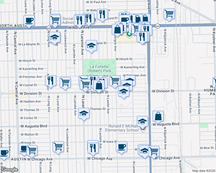 map of restaurants, bars, coffee shops, grocery stores, and more near in Chicago