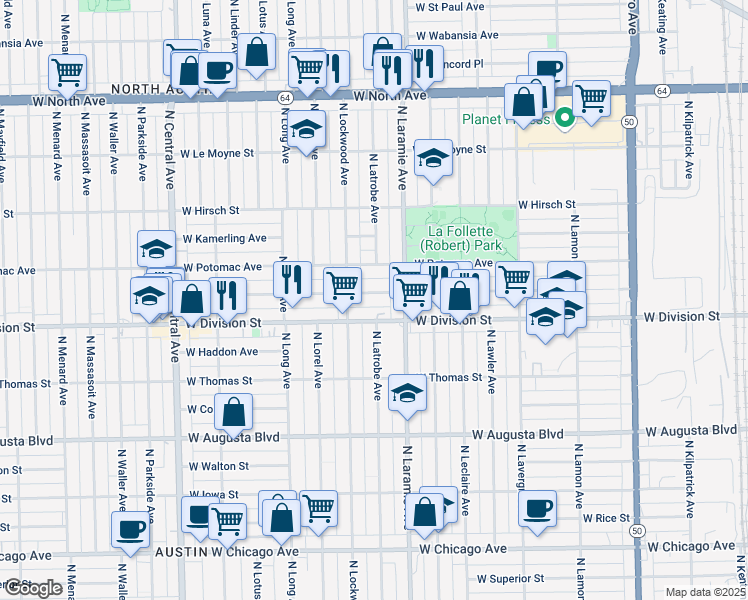 map of restaurants, bars, coffee shops, grocery stores, and more near 5240 West Division Street in Chicago
