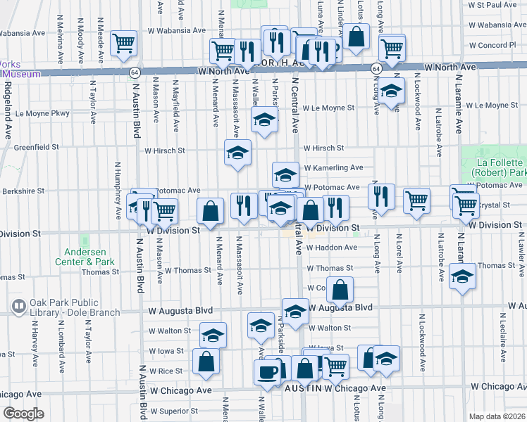 map of restaurants, bars, coffee shops, grocery stores, and more near 1211 North Waller Avenue in Chicago