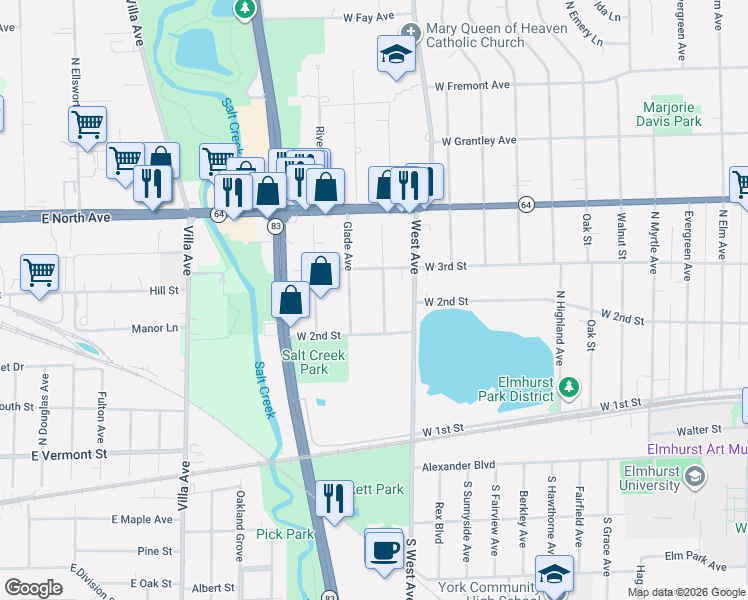 map of restaurants, bars, coffee shops, grocery stores, and more near 193 Glade Avenue in Elmhurst