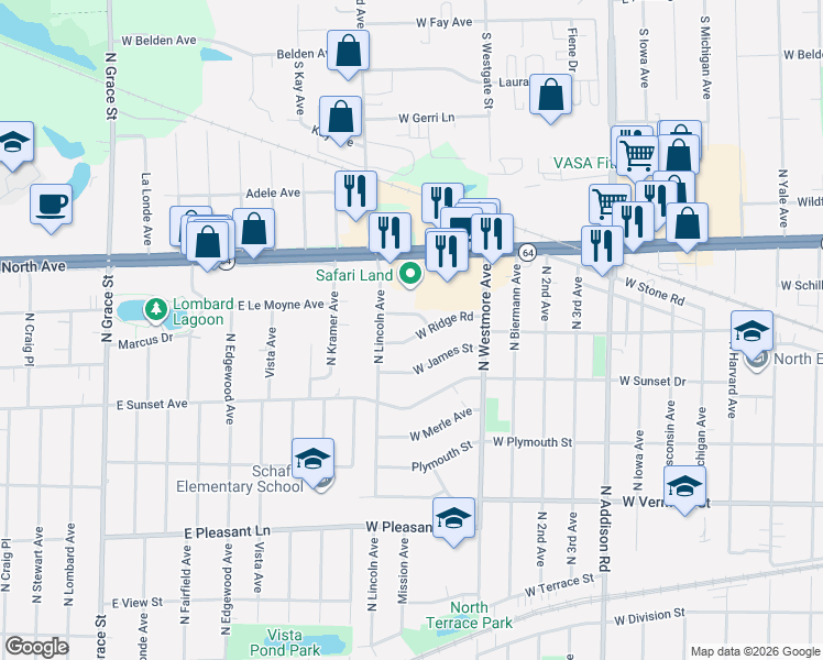 map of restaurants, bars, coffee shops, grocery stores, and more near 705 West Ridge Road in Villa Park