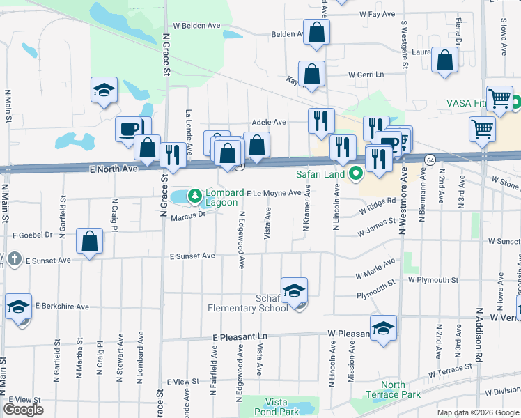 map of restaurants, bars, coffee shops, grocery stores, and more near 638 Vista Avenue in Lombard