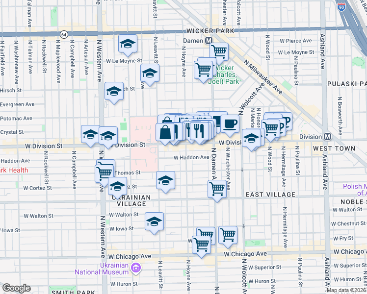 map of restaurants, bars, coffee shops, grocery stores, and more near 1150 North Hoyne Avenue in Chicago