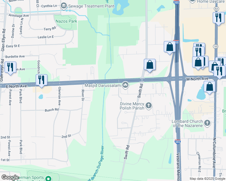 map of restaurants, bars, coffee shops, grocery stores, and more near 21W581 East North Avenue in Lombard