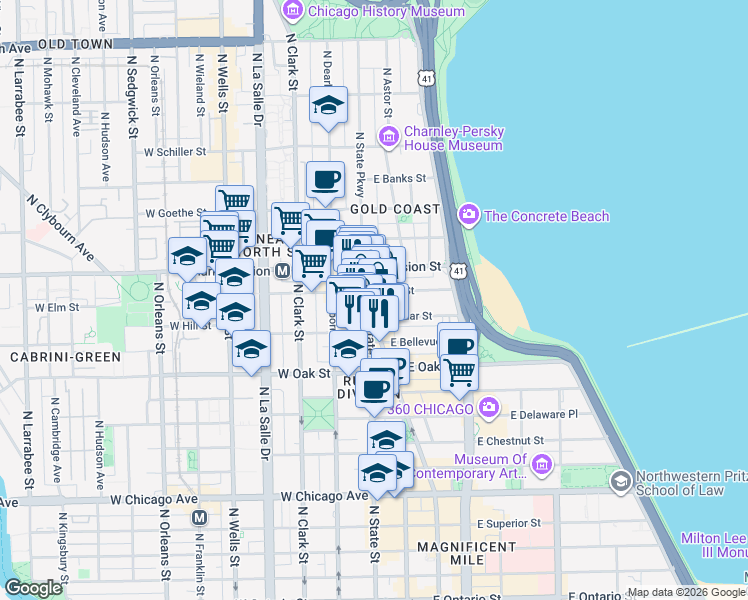 map of restaurants, bars, coffee shops, grocery stores, and more near 1031 North State Street in Chicago