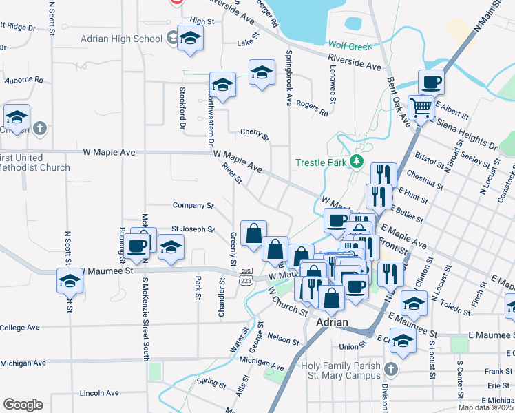 map of restaurants, bars, coffee shops, grocery stores, and more near 425 River Street in Adrian