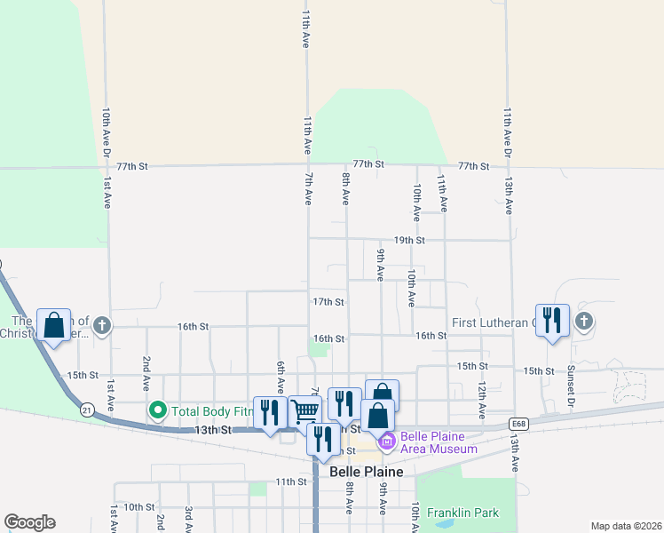 map of restaurants, bars, coffee shops, grocery stores, and more near 1802 8th Avenue in Belle Plaine