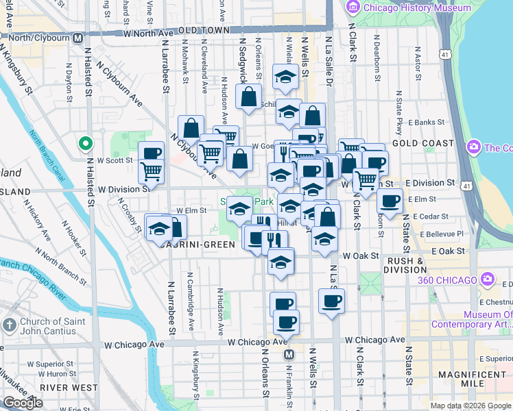 map of restaurants, bars, coffee shops, grocery stores, and more near 350 West Elm Street in Chicago