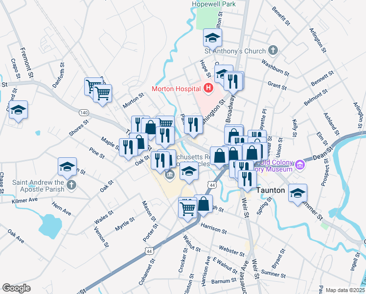 map of restaurants, bars, coffee shops, grocery stores, and more near 50 Court Street in Taunton