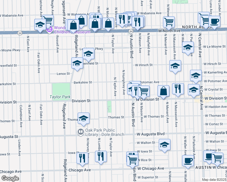 map of restaurants, bars, coffee shops, grocery stores, and more near 916 Hayes Avenue in Oak Park