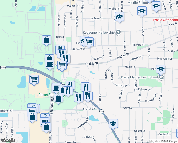 map of restaurants, bars, coffee shops, grocery stores, and more near 1801 Covington Court in St. Charles