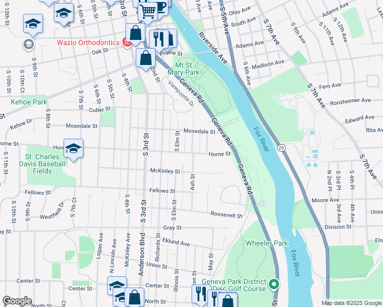 map of restaurants, bars, coffee shops, grocery stores, and more near 73 Horne Street in St. Charles