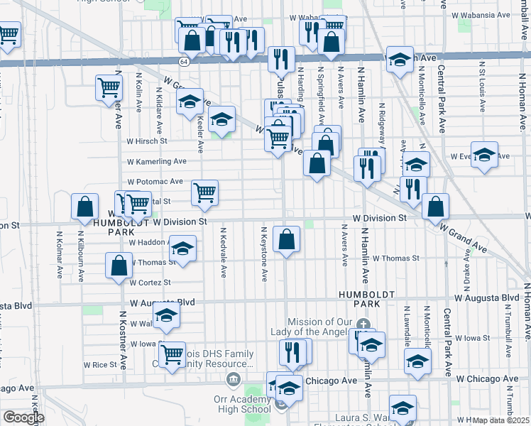 map of restaurants, bars, coffee shops, grocery stores, and more near 4024 West Division Street in Chicago