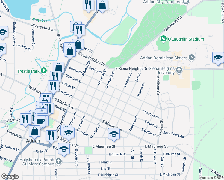 map of restaurants, bars, coffee shops, grocery stores, and more near 607 Chestnut Street in Adrian
